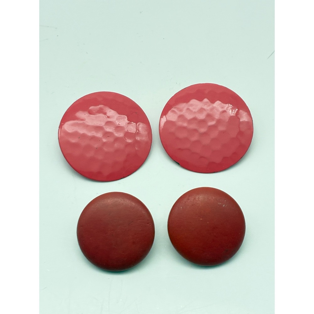 Vintage 80s Red Stud Earring Lot of 2 Hammered Metal and Matte Retro Button